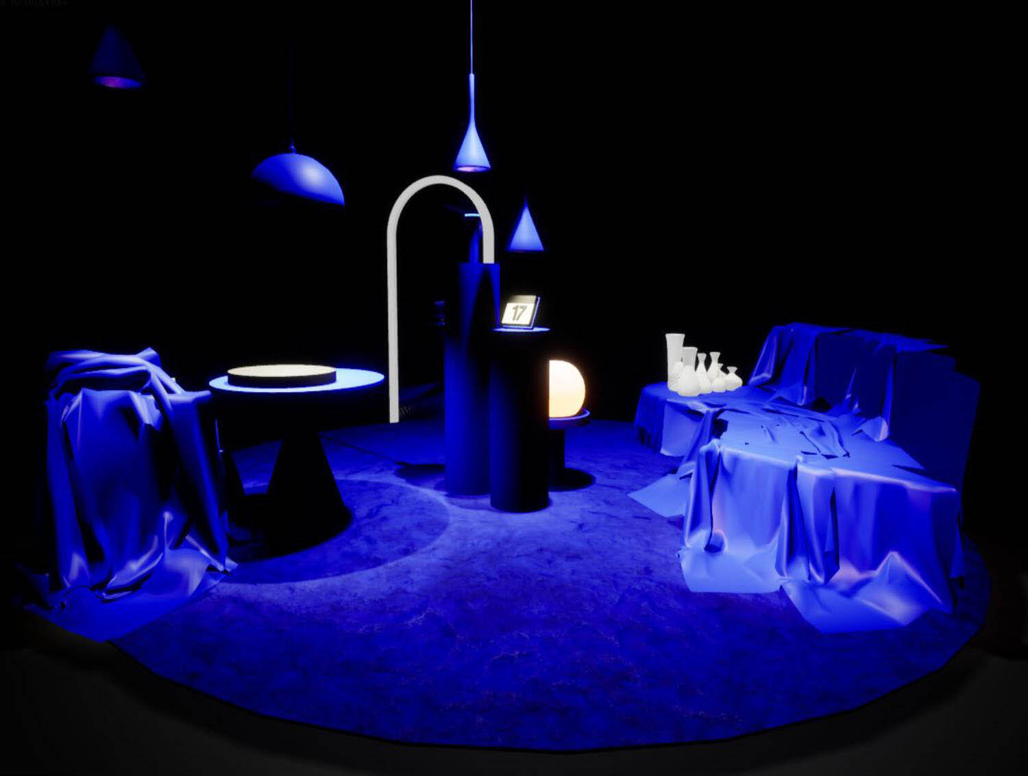A blue lit scene including a calendar, lights, a table and a chair