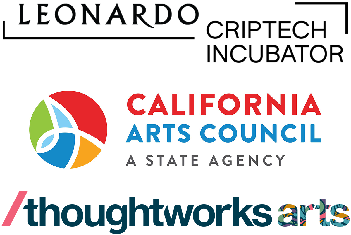 Logos for Leonardo CripTech Incubator, California Arts Council and Thoughtworks Arts