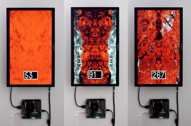 Three stills of a blood glucose reponsive visualzation in a gallery