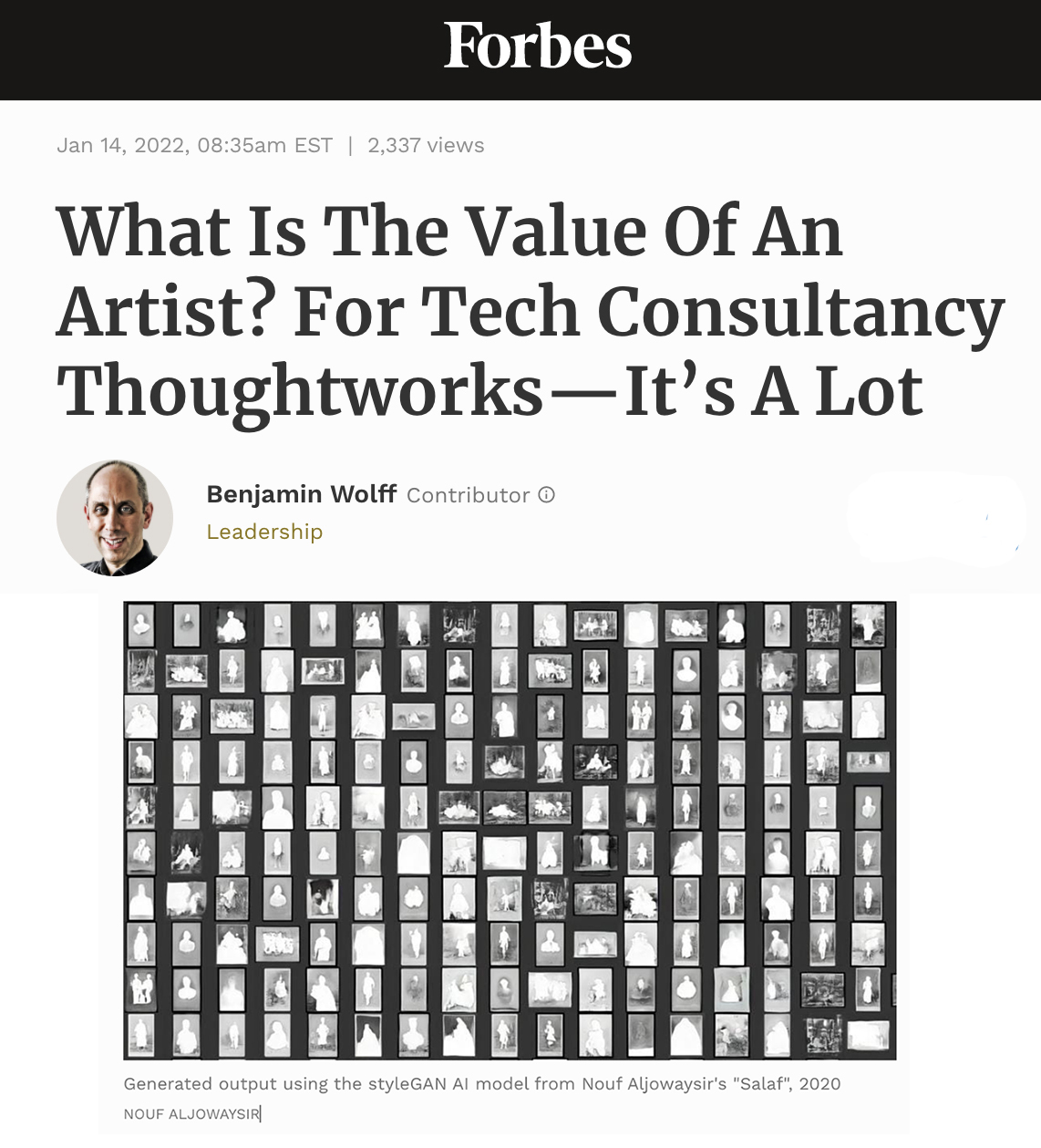 A screenshot of the Forbes article headline with the text “What Is The Value Of An Artist? For Tech Consultancy Thoughtworks—It’s A Lot” and a picture of an AI-generated artwork by Nouf Aljowaysir