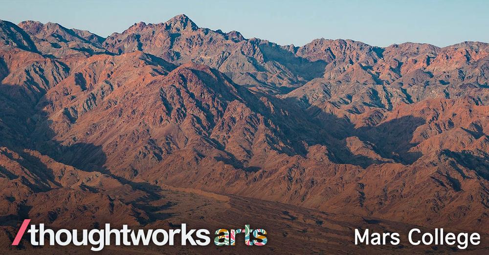 A large mountain range view overlaid with logos for Thoughtworks Arts and Mars College