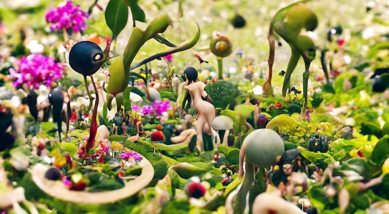 A dense AI-generated landscape of plant and human-like entities
