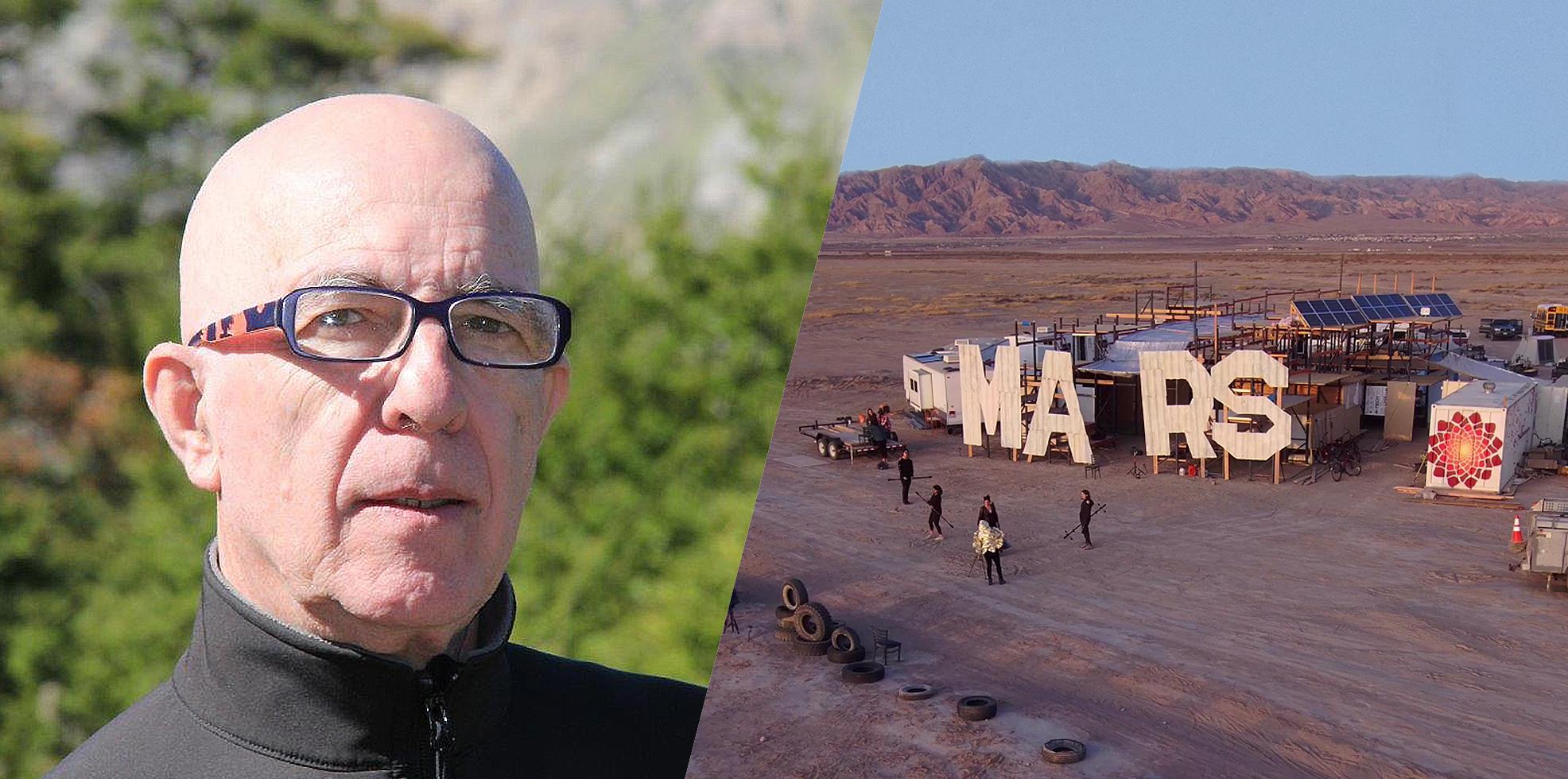 A headshot of a light-skinned man wearing dark-rimmed glasses, cut next to an aerial view of camper vans set against a dry desert backdrop with mountains in the distance