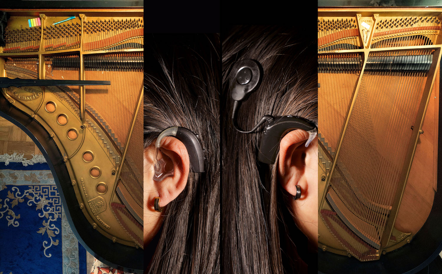 The center of the image shows reflected views of a woman’s ears with long dark hair cascading over them, one wearing a hearing aid and the other a cochlear implant processor. The string and soundboard of a grand piano flanks each side.