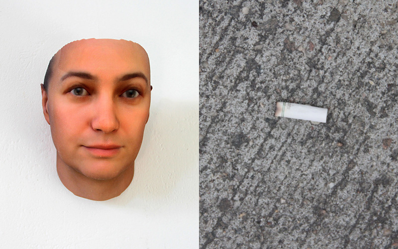 A 3D-printed face mask (left) and a cigarette butt (right)