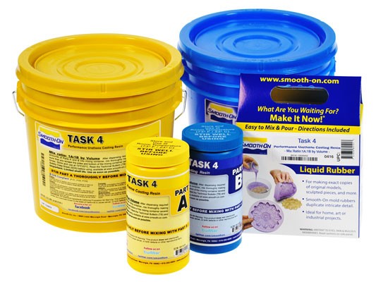 Blue and yellow tubs labelled “Task 4” and “Liquid Rubber”