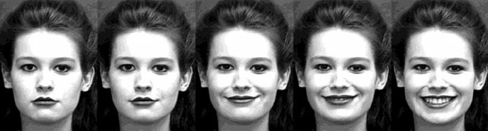 Five grayscale faces in a row, gradating between neutral and smiling facial expressions