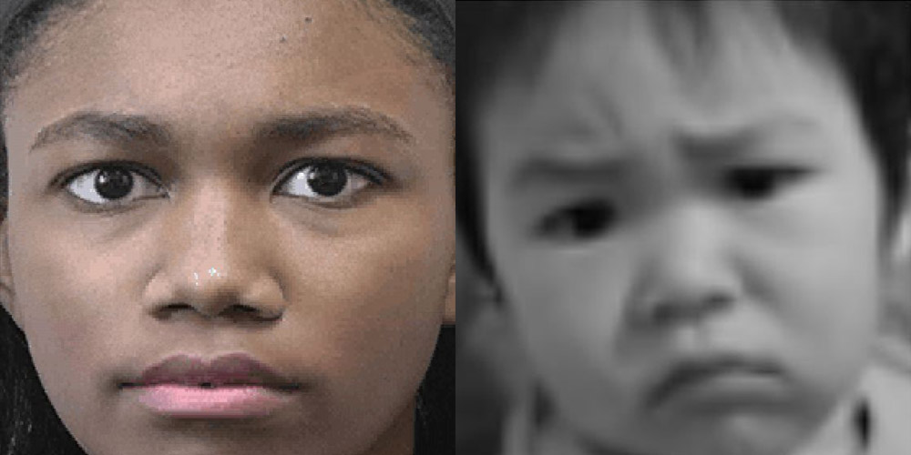 A woman with a neutral facial expression (left) and baby with a slight frown (right)
