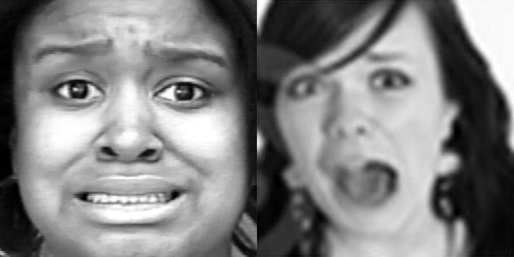 A woman with a fear expression (left) and a more theatrical fear expression (right)