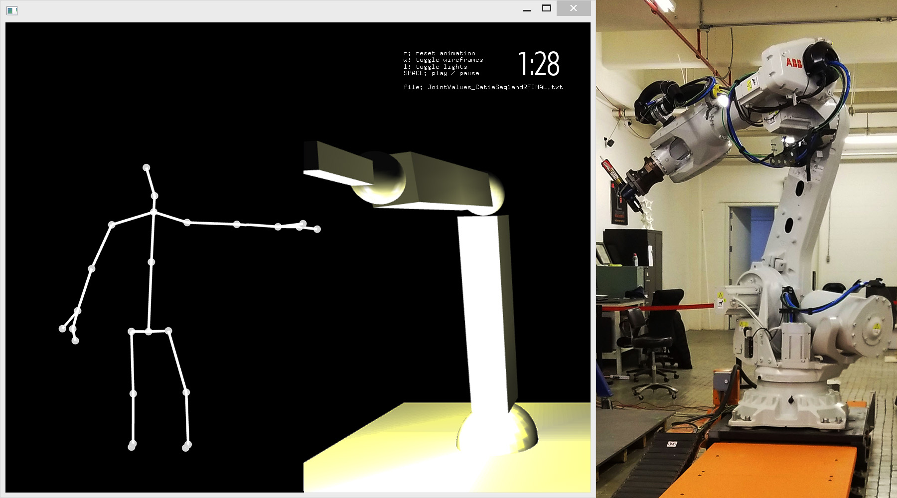 A 3D visualization of a robot arm alonbgside an actual robot arm