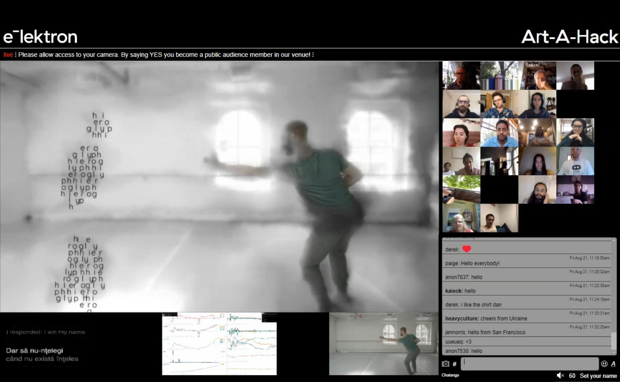 A screen shot with Razvan’s augmented performance on one side and a grid of virtual audience members on the other