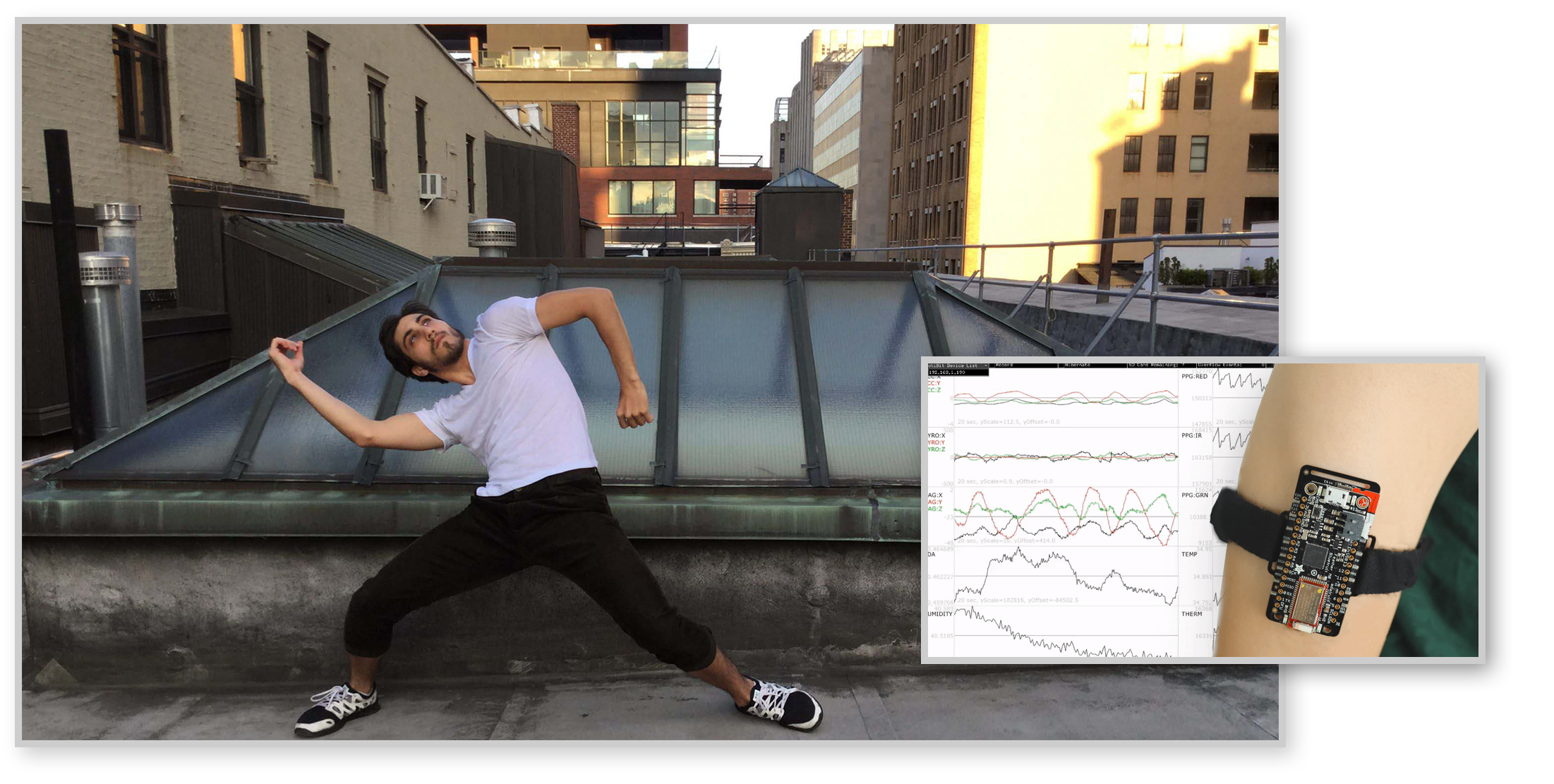 Hussein Smko dancing on a rooftop, and (inset) a picture of a person wearing a biometric device