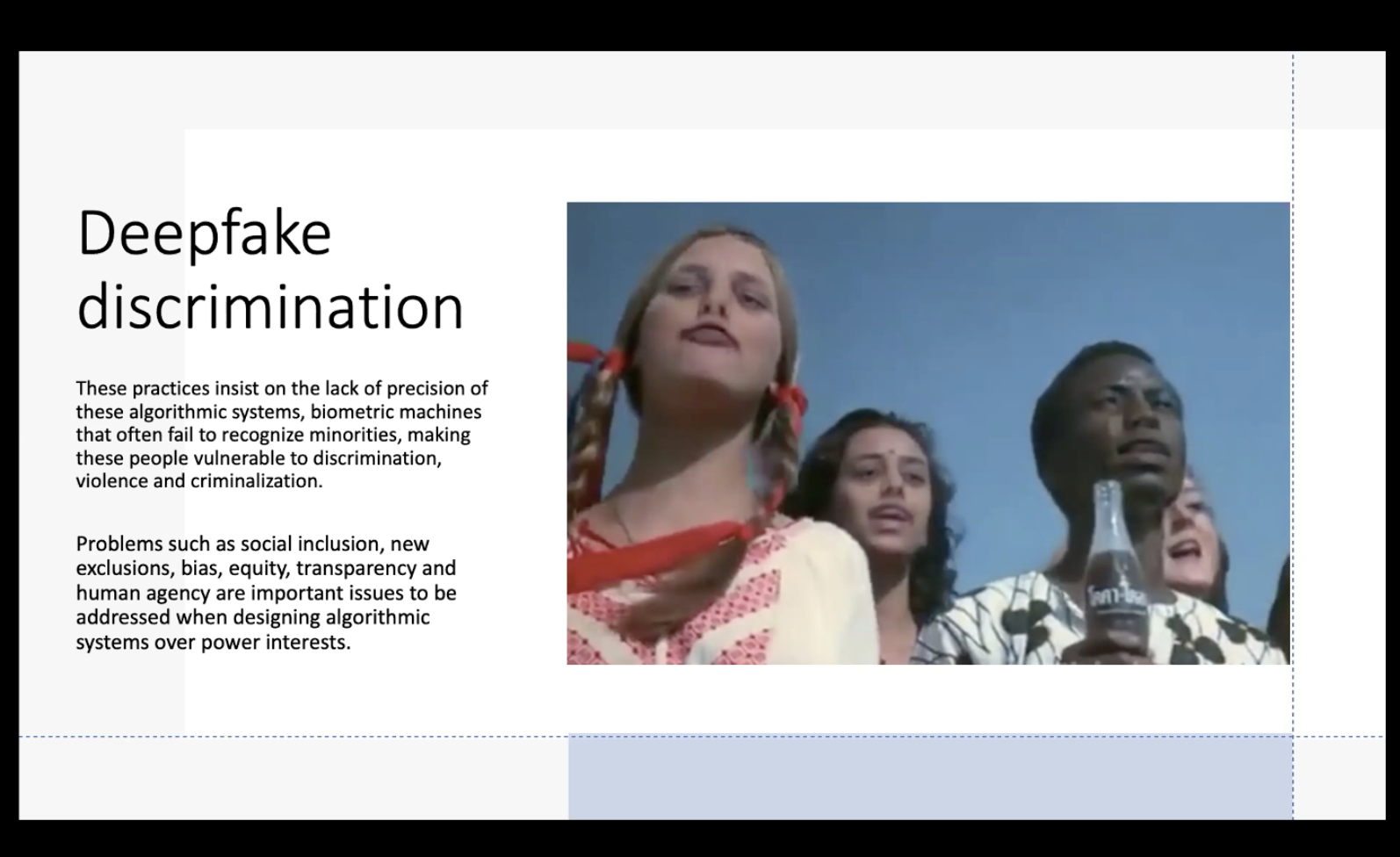 A screenshot from the Team One presentation addressing “Deepfake Descrimination”