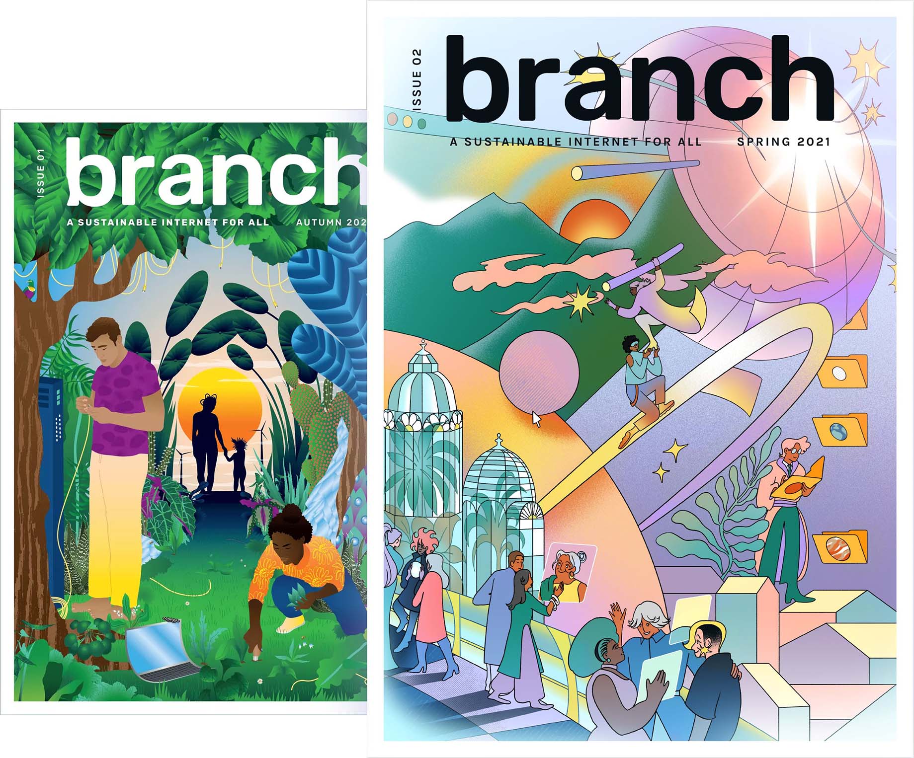 Two magazine covers, one with cartoon figures plugging devices into a forest, and the other with figures inhabiting a futuristic landscape