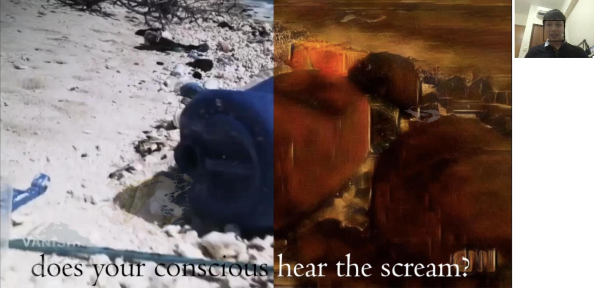 A video still of a rock, the frame divided with the right side filtered by a red overlay, overlaid again by text saying “does your conscious hear the scream?”, next to which is a human face whose movements are being monitored