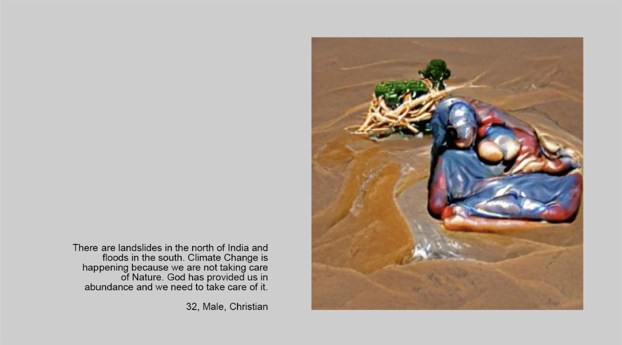 An AI-generated image of human-like figures draped in blue and red in a desert with a lone bush-like growth behind them, alongside text referencing landslides and citing a lack of respect for nature and God, attributed to an un-named 32-year old Christian male