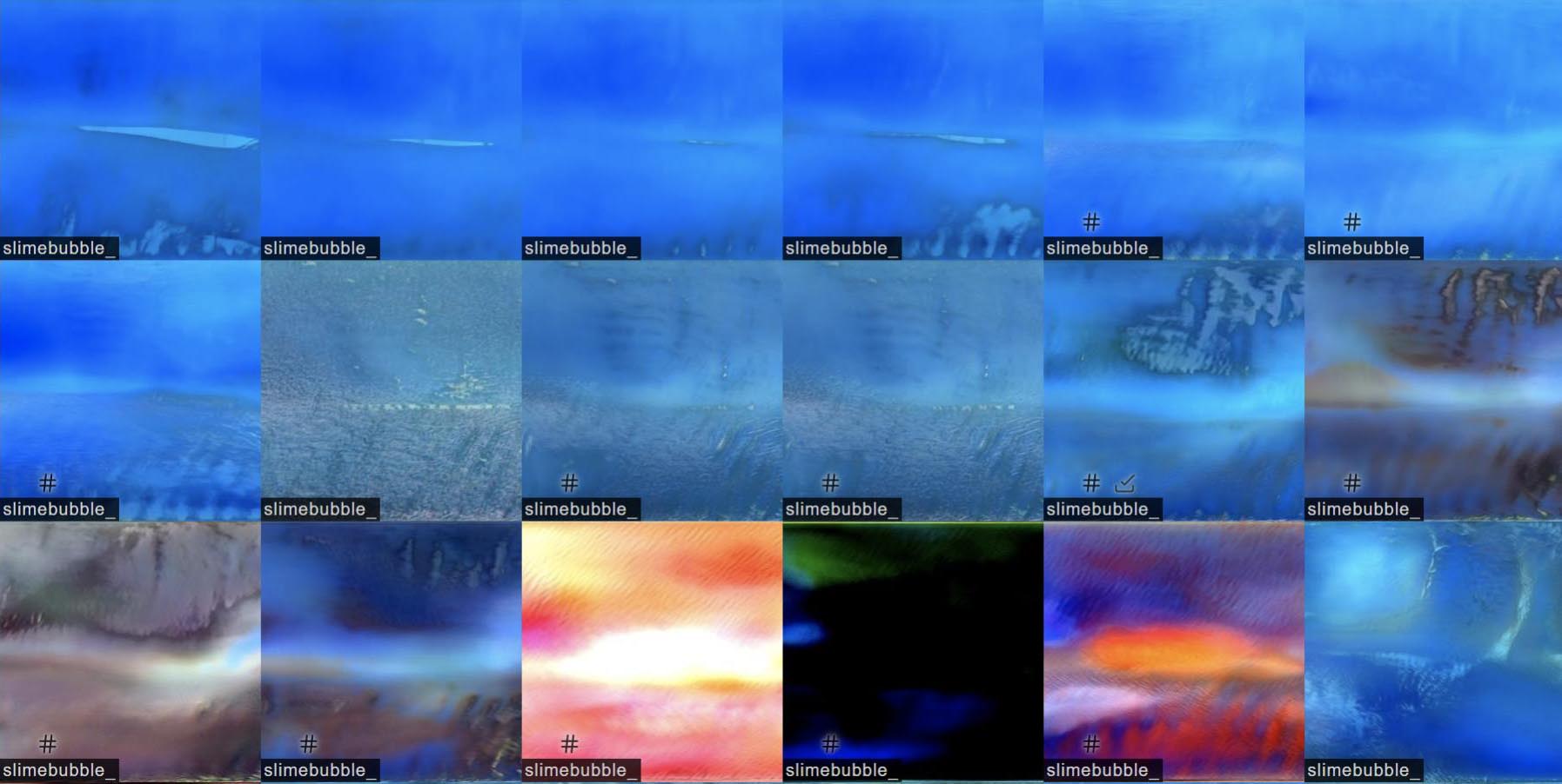 Eighteen abstract images in a grid pattern, most ocean blue, some a thermal red and yellow, and some with darker, blotted imagery, each accompanies by the text “slimebubble”