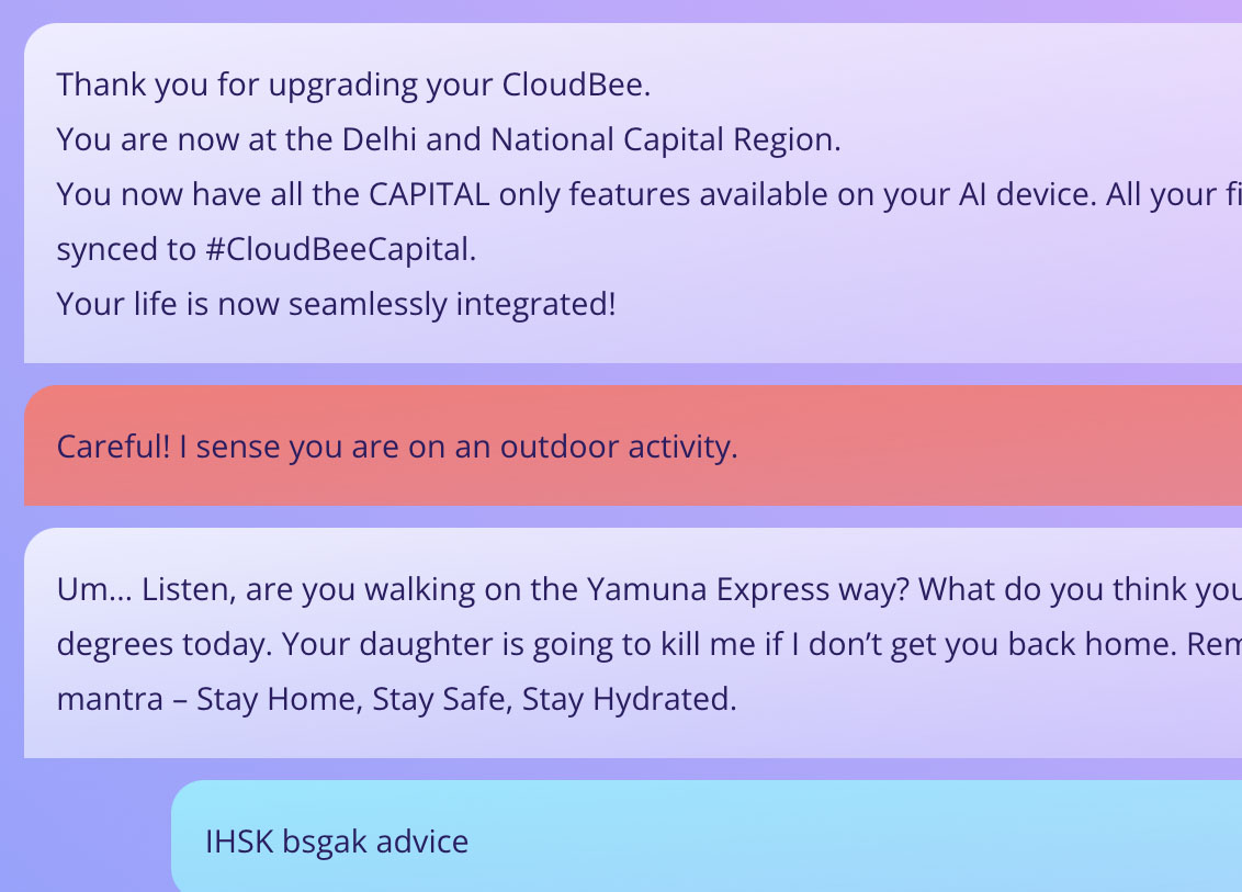 A screenshot of a chatbot interaction in which an automated authorial voice is advsing a citizen in a future New Delhi to remain hydrated