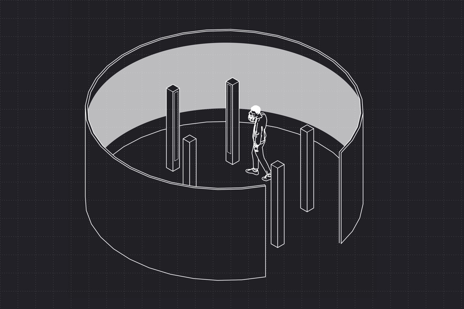 A graphic representation of a person navigating a 360 degree theater