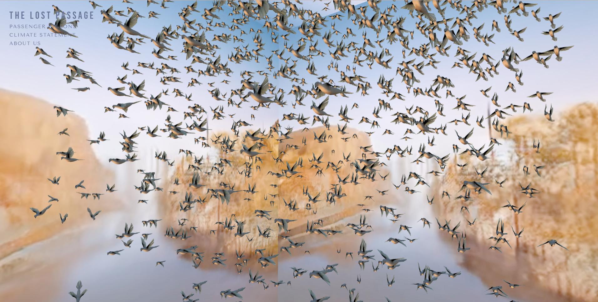 A flock of hundres of digitally-generated 3D passenger pigeons