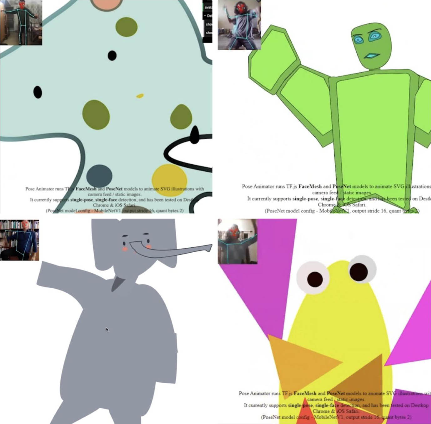 Four cartoon animals being animated by the movements of people whose body pose is being detected