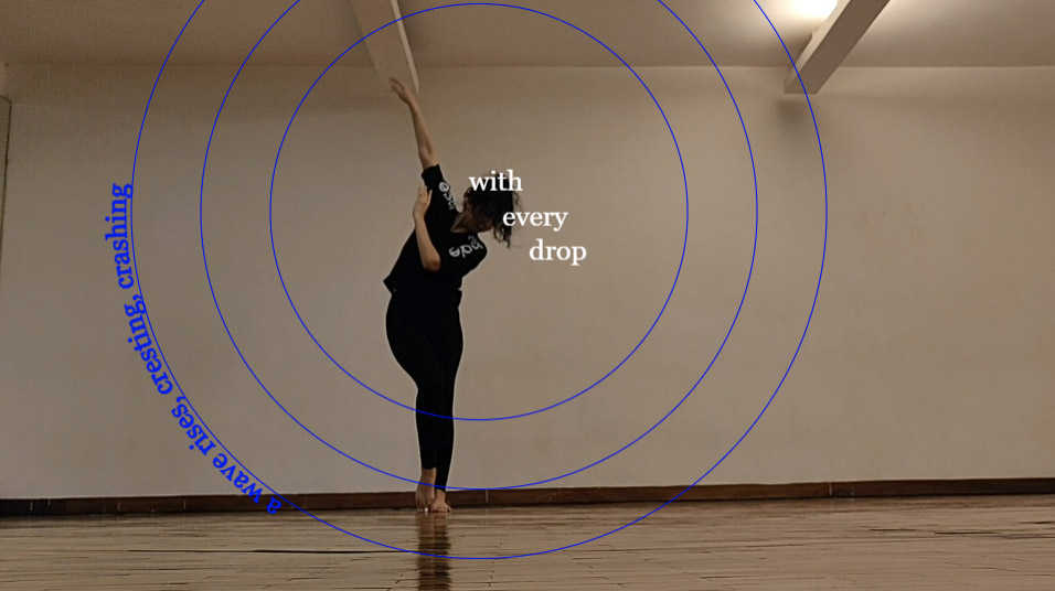 A dancer in a vertically-aligned stance, with overlaid graphical concentric circles and text saying “with each drop” and “a wave rising, cresting, crashing”