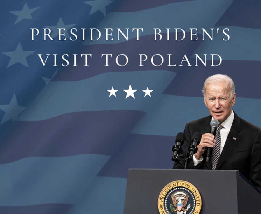 President Biden speaking at a podium in front of an American flag with the words “President Biden’s visit to Poland”