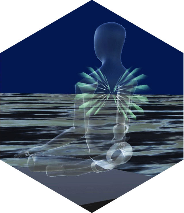 A 3D outline of a meditating person with a glow in their heart