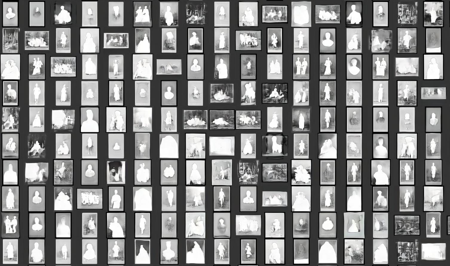 A grid of small grayscale portrait images, each with the central character whited out